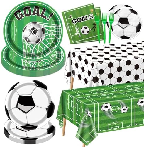 Soccer Party Supplies Kit Serve 20, Disposable Tableware Set Includes Dinner Plates, Dessert Plates, Napkins, Forks, Tablecloths for Boys Birthday Sports Theme Party Decorations by QUERICKY
