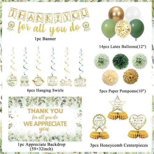 Vlipoeasn We Appreciate You Decorations, Green Gold Thank You for All You Do Party Set with Backdrop Banner Honeycomb Centerpieces Hanging Swirls, Appreciation Decor - Image 2