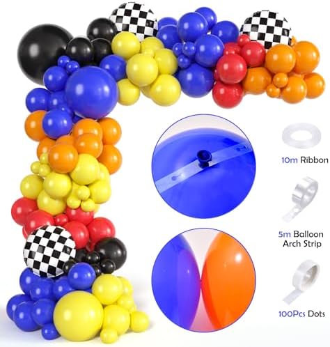 131 Wheels Race Car Birthday Party Decorations Supplies, Racing Red Blue Yellow Black Balloons Garland Arch Kit Backdrop Tablecloth Checkered Foil Balloons, Boy Kid Girl Cars Party Decor - Image 5