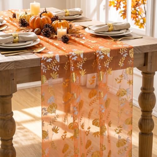 Artoid Mode Fall Gauze Table Runner 120 Inch, Metallic Foil Leaves - Image 6