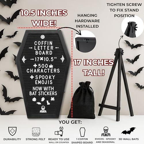 Nomnu Coffin Letter Board, Black Goth Decor with Bat Stickers Spooky Emojis - Image 3