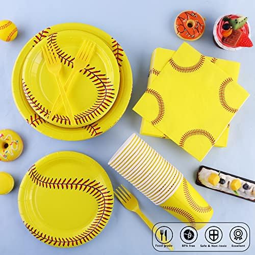 durony 144 Pieces Softball Paper Plates and Napkins Dinnerware Set Softball Birthday Party Tableware Supplies Includes Paper Plates Napkins Forks Serve 24 for Sports Party Supplies - Image 4