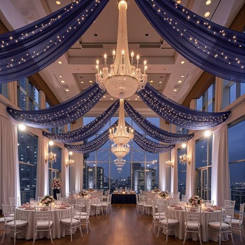 12 Panels Dark Blue Ceiling Curtains with Lights for Weddings - 5ftx10ft Wrinkle-Free Tulle Fabric Wedding Arch Draping Ceiling Drapes Decorations for Wedding Party Ceremony Stage Tent Event by Unknown