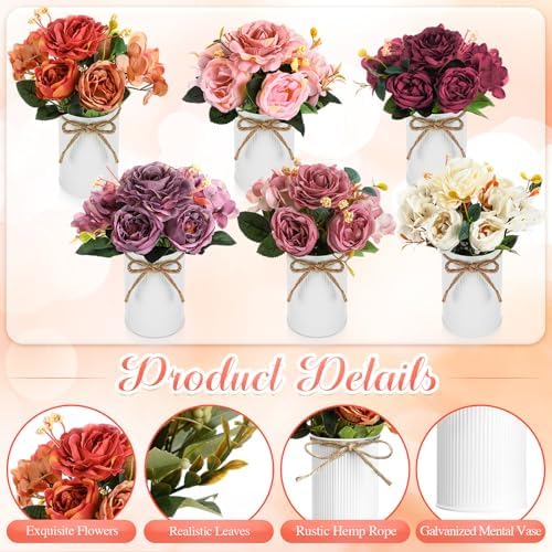 Wavwavw 6 Sets Fall Flowers Table Centerpieces Artificial Peonies with Vase - Image 3