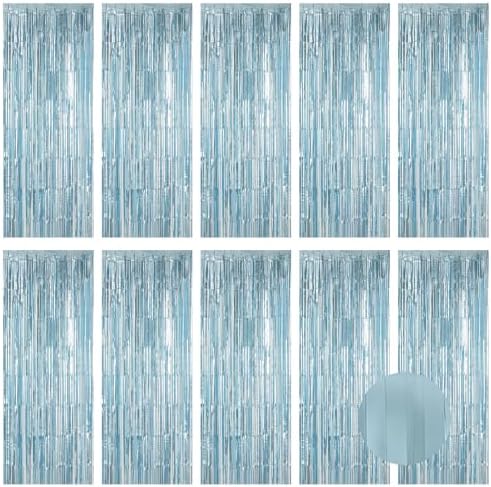 10 Pack Light Blue Foil Curtain Backdrop 3.2ft x 9.8ft Metallic Tinsel Foil Fringe Curtains Streamer Backdrop for Birthday Party Halloween Christmas New Year Party Supply (Matte Light Blue) by Ohiyoo