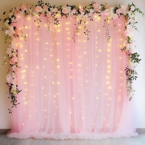 Tulle Backdrop Curtains with Lights Pink 10x10ft Sheer Curtain Backdrop - Image 6