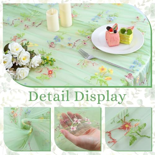 BINBE 1pcs Sage Green Florals Table Runner Embroidery Gauze 10FT Daisy Seasonal Tulle Birthday Wedding Holiday Kitchen Dining Table Decor for Home Party - Image 3
