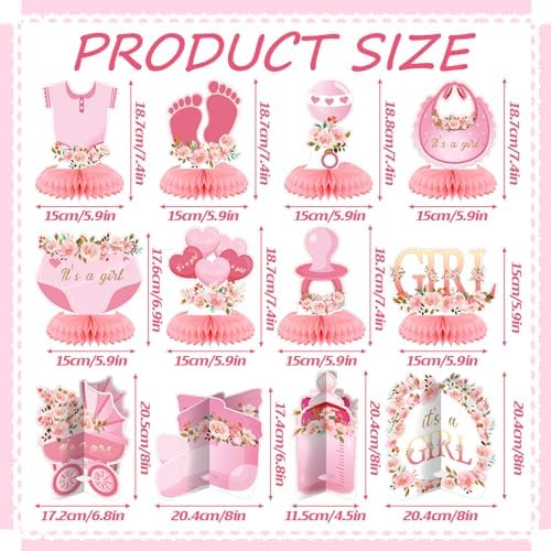 Pickmesh 12 Pcs Pink Baby Shower Decorations Honeycomb Centerpieces for Girls Floral It's a Girl Gender Reveal Table Centerpiece Party Supplies Baby Girl Pregnancy Announcement Table Topper - Image 2