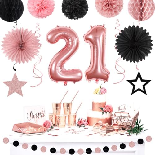 Rose Gold Pink Black 21st Womens Happy Birthday Party Decorations Hugmoon - Image 5