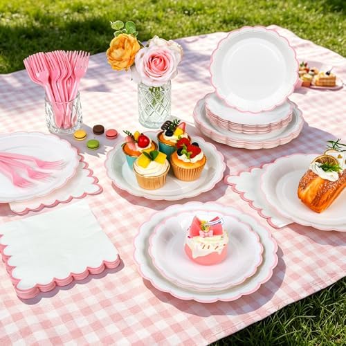 96 Pcs Pink and White Paper Plates and Napkins Set Include 9'' White Dinner Plates with Pink Scalloped Rim, 7'' Dessert Plates, Napkins & Forks for Baby Shower Wedding Bridal Shower Birthday - Image 7