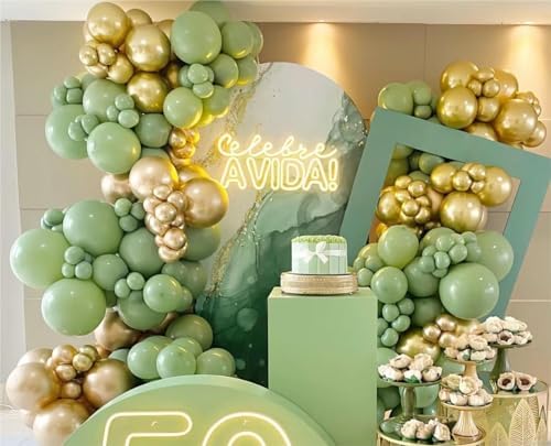 MEBAY Sage Green White Gold Balloon Garland Arch Kit, 146Pcs Latex Balloons Different Sizes 18 12 10 5 Inch for Birthday Baby Shower Gender Reveal Wedding Party Decoration - Image 7