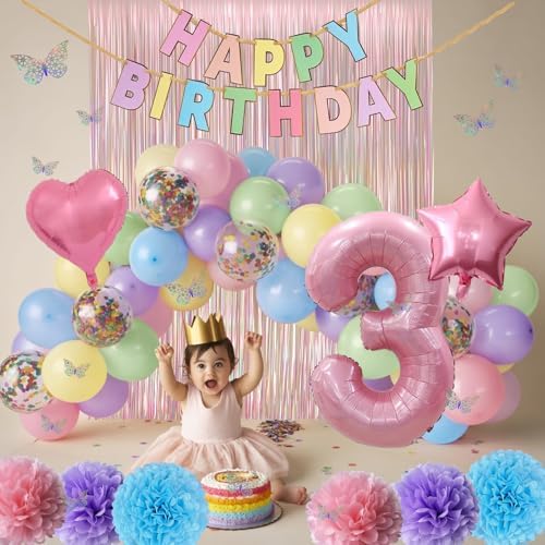 Pastel 3rd Birthday Colorful Party Decorations Girls Pink Number 3 Balloon - Image 3