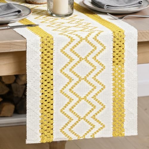 Artoid Mode Yellow Stripe Diamond Woven Table Runner 12x72 Inch by ArtoidMode