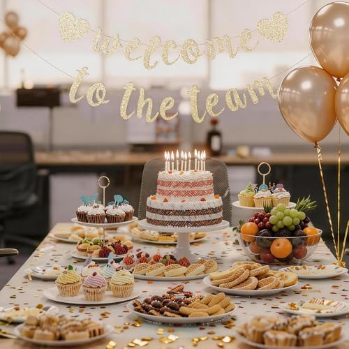 Welcome to the Team Banner Pre-Strung No DIY, Glitter New Employee Welcome Decorations for Office, Script Cursive 300gsm Cardstock with Heart Signs, Coworker Onboarding Party Supplies (Champagne Gold) - Image 4