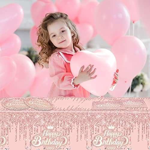 41Pcs Rose Gold Birthday Party Decorations - Pink Rose Gold Theme Supplies - Includes 20 Plates, 20 Napkins and 1 Tablecloth for Girls Women - Image 6