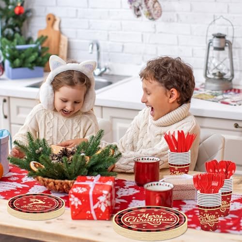 175 Pcs Merry Christmas Party Supplies Set - Serves 25, Festive Red and Black Plaid Disposable Tableware, Includes Paper Plates, Cups, Napkins, Forks, Spoons, Knives for Xmas Holiday Celebrations - Image 5