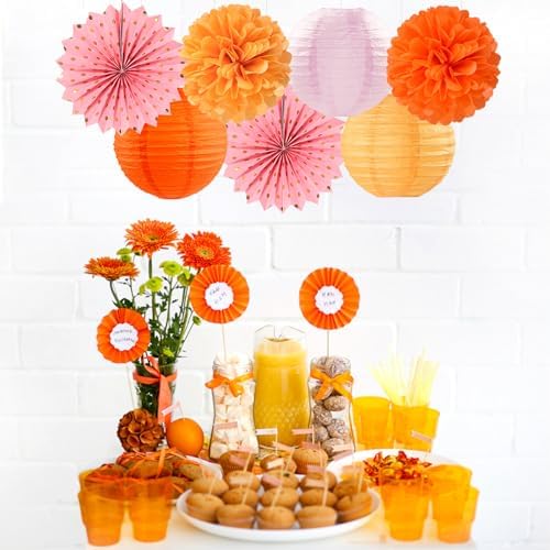 Pink-Orange Groovy Party-Decorations - 20pcs Fall Autumn Thanksgiving Harvest Paper Streamers Lanterns Fans,Tissue Pom Poms,Honeycomb Balls,Bunting,Birthday Baby Bridal Shower Wedding Decor Burgleda - Image 4