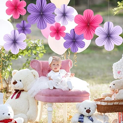SUNBEAUTY Paper Flowers Decorations for Wall, Purple and Pink for Wall Paper Flower Fan Classroom Decoration Paper Floral Backdrop Decor Paper Fans Decoration Hanging Paper Flower Wall Decor Set of 9 - Image 6
