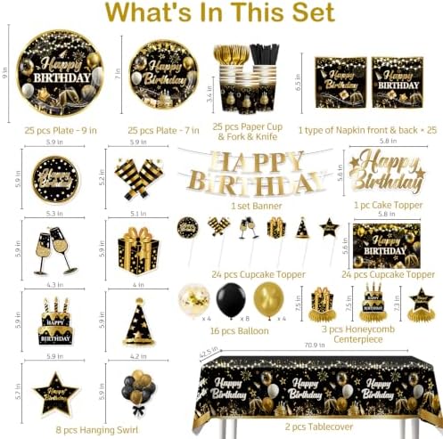 206pcs Black and Gold Birthday Decorations Men Set, for 25 Guests - Image 2
