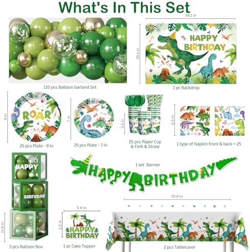 268Pcs Dinosaur Birthday Party Decorations, All-in-One Dinosaur Party Decorations Set for 25 Guests with Balloon Garland Arch, Plates, Tablecloth, Cake Topper, Backdrop, Napkins, Glitter Banner - Image 3