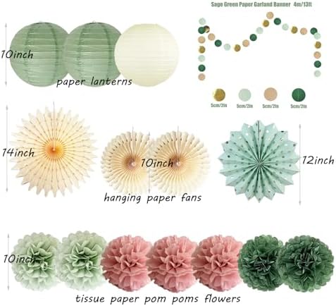 Sage Green and Dusty Pink Party Decorations Green & Pink Party Decor Sage Tissue Pom Poms Paper Lanterns Beige Paper Fans for Women Girls Birthday Wedding Bridal Shower Baby Shower Party Decor - Image 6