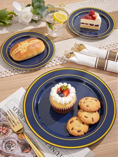 WDF Partyware 350PCS Navy Blue and Gold Plastic Plates with Rolled Napkins Include Dinner Plate 10’’, Dessert Plate 7’’, gold Cups 9 OZ, Pre Rolled Napkins for Birthday/Wedding/Party - Image 2