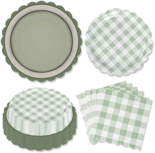 150 Pcs Sage Green Gingham Party Supplies, Green Plaid Scalloped Plates 9 Inch Disposable Checkered Dinner Dessert Plates and Cocktail Napkins for Birthday Wedding Baby Shower BBQ Party, Serve 50 by LousuipPartySupplies