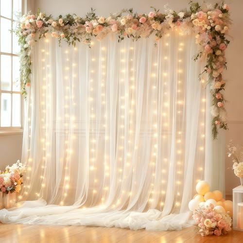 Wish Care 20x10FT White Wrinkle Free Backdrop Curtains with Lights String for Parties - Photo Curtain Backdrop with Lights for Wedding Decorations, Bridal Baby Shower Birthday Party Photography by WishCare