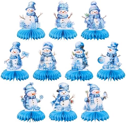 Whaline 10Pcs Winter Honeycomb Centerpieces Blue Watercolor Snowman Honeycomb Decor Winter 3D Table Decoration for Xmas Holiday Birthday Party Supplies by Whaline