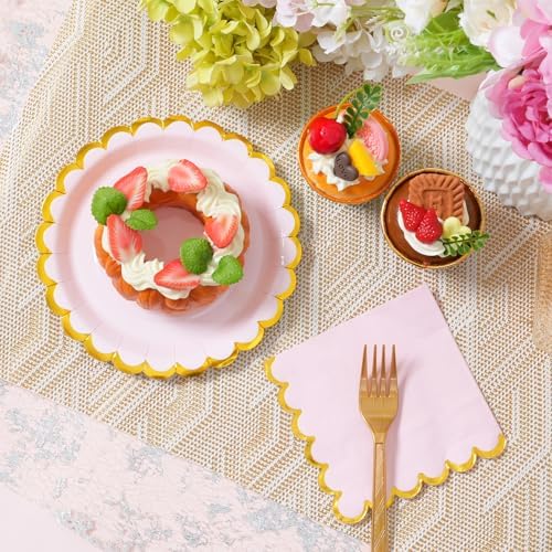 Pink & gold scalloped party plates with napkins and fork gold foil border, 24 Guest Pink disposable Tableware Set Party Decoration for Birthday Coquette Bridal Baby Shower Valentines - Image 6