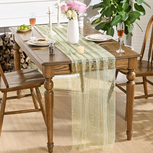 Artoid Mode Sage Green Gold Gauze Table Runner 120 Inch 10FT, Glitter Metallic Foil Sheer Dining Wedding Anniversary Holiday Birthday Table Decor for Home Party - Image 3
