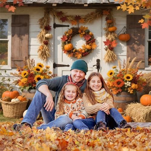 Fall Photo Backdrop 12x10ft Floral Rustic White Wood Door Thanksgiving Fall Backdrops for Photography Autumn Haystack Flowers Friendsgiving Background Party Decorations Photo Booth Props - Image 2