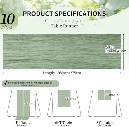 10 Pack Sage Green Cheesecloth Table Runner, 17x108 Inch Semi Sheer Boho Gauze Cheese Cloth Fabric Table Runners for Wedding Party Baby Shower Birthday Garden Farmhouse Table Decor - Image 2