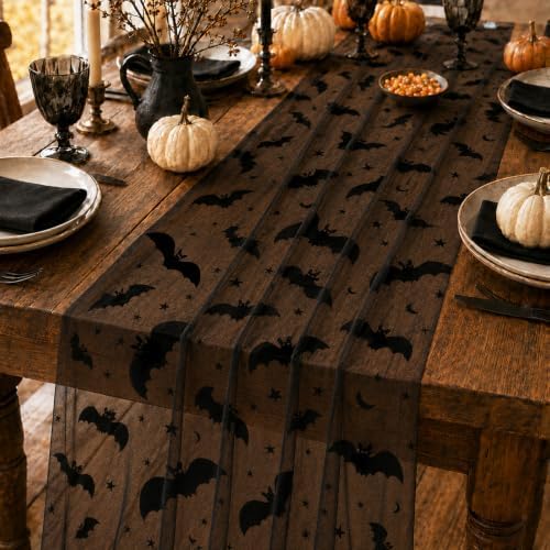 4Pcs Halloween Table Runner 29x72 in Black Mesh Bat Web Table Decor - Image 3