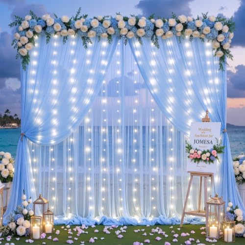 20ft x 15ft Baby Blue Tulle Photo Backdrop Curtain with Lights String for Parties Wedding Sheer Light Blue Curtain Backdrop for Baby Shower Boy Birthday Party Gender Reveal Photo Booth Background - Image 2