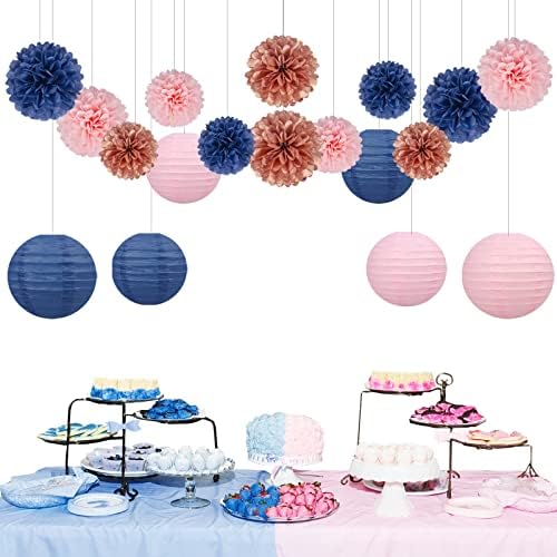 Rose-Gold Navy-Blue Pink Party Decorations - 18pcs Gender Reveal Decor,Tissue Pom Poms Event Supplies,Paper Flowers,Paper Lanterns,Baby Shower decoration,Birthday,Engagement,Bachelorette,Wedding - Image 4