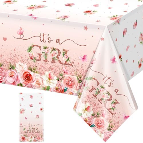 1 Pack Floral Baby Shower Tablecloth Decorations, It's a Girl Baby Shower Decorations, Pink Flower Gender Reveal Decorations for Girl, Plastic Disposable Baby Girls Table Cloth Party Decorations by RAGNHILD