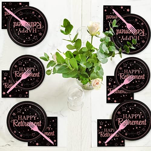 Wiooffen 96 Pcs Retirement Party Plates Napkins Tableware Set Rose Gold Happy Retirement Supplies Disposable Retired Graduation Dinnerware Decoration Favors for Women, 24 Guests - Image 5