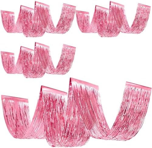 Breling 4 Pcs Pink Ceiling Fringe Curtains, Metallic Foil Drapes, 15 ft by Breling