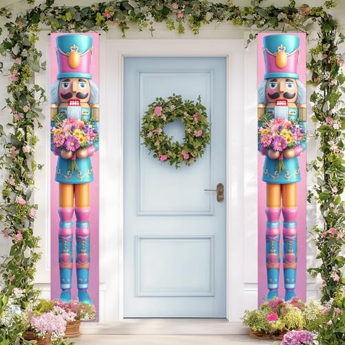 BlissYard Spring Nutcracker Door Banner 12x72 Inch Floral Hanging Banner Nutcracker Decor Daisy Bouquet Porch Sign Spring Summer Door Cover for Front Porch Wall Seasonal Holiday Home Decorations - Image 2