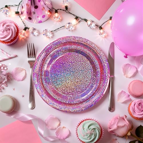 Pink Iridescent Paper Plates & Napkins, 75 Pcs Party Decoration Tableware - Image 5