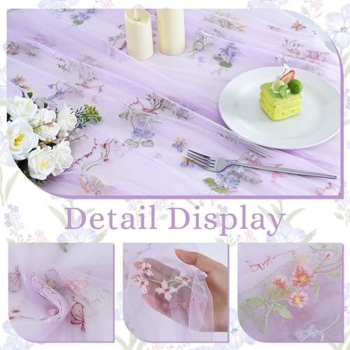 BINBE 6pcs Purple Florals Table Runner Embroidery Gauze 10FT Daisy Seasonal Tulle Birthday Wedding Holiday Kitchen Dining Table Decor for Home Party - Image 3