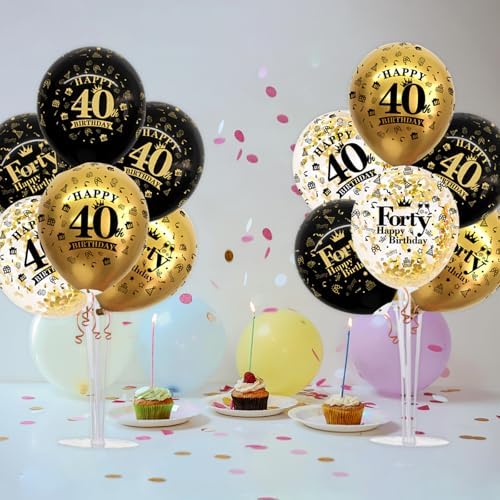TONIFUL 4 Set Black Gold 40 Printed Balloon Stands for 40th Birthday Decor - Image 4