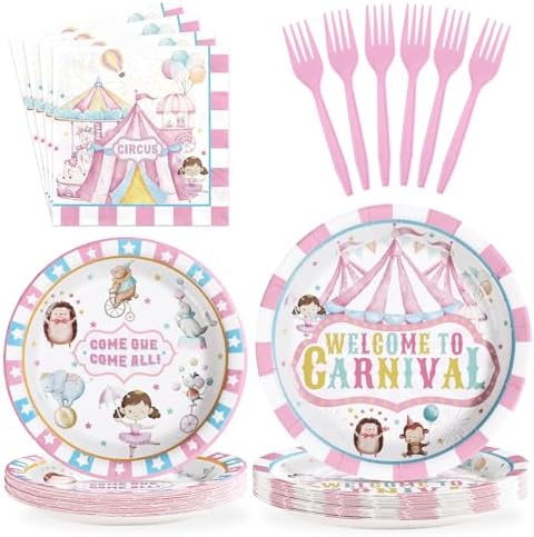 Grencian 96Pcs Pink Circus Carnival Birthday Party Supplies, Serves 24 by Grencian