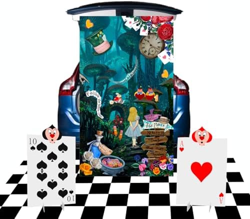 Alice Party Decorations,Trunk or Treat Car Decorations Kit for SUV ,Wonderland Backdrop&Queen of Hearts Solider Stand Cards for Themed Tea&Birthday Party Costume Kits by BRALEO