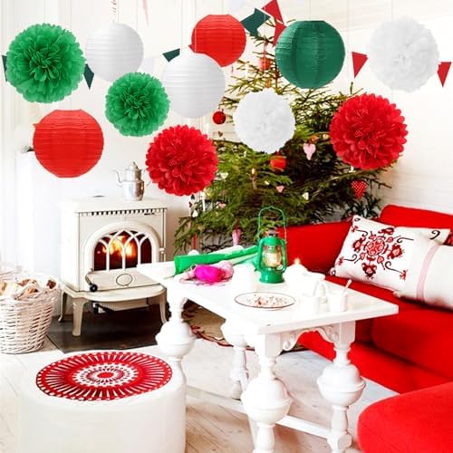 Red-Green White Party-Decorations Christmas Flowers Lanterns - 15PCS Italian Mexican Independence Day Paper Tissue Pom Poms Streamers,Mexico Italy Birthday Baby Shower Wedding Hanging Decor Hugfond - Image 5