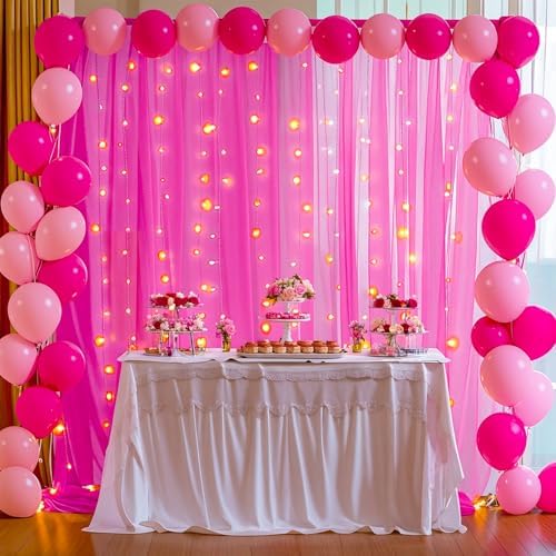10x10ft Hot Pink Tulle Backdrop Curtain with Lights String for Parites, Sheer Backdrop Curtains for Wedding Baby Shower Birthday Party Photo Shoot Decorations - Image 7