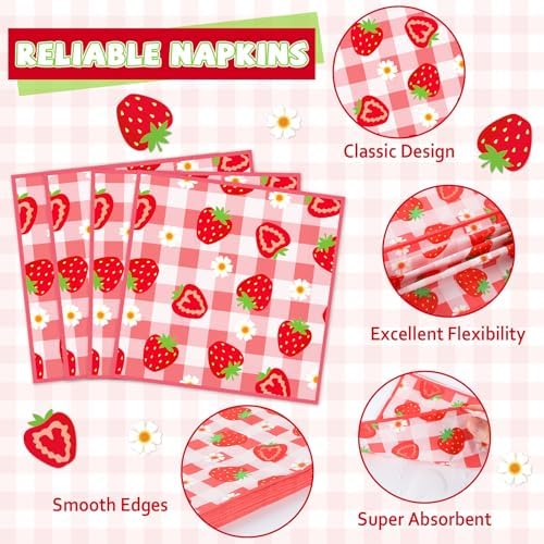 96Pcs Strawberry Party Plates and Napkins Birthday Party Supplies Spring Summer Fruit Paper Dessert Plates Strawberry Themed Tableware Set Disposable for 24 Guests 1st Birthday Party Decorations - Image 4