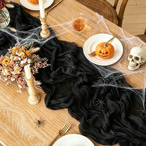 3Pcs Black Table Runner, 10FT Black Cheesecloth Halloween Table Runner 35*120inch Boho Runner for Halloween Indoor Table Kitchen Party Decorations - Image 2
