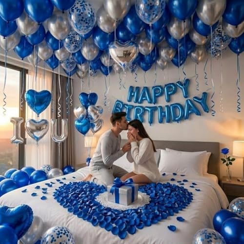 Romantic Birthday Decorations for Him I LOVE YOU & HAPPY BIRTHDAY Foil Balloons & Rose Petals,Blue Silver Special Night Decorations, Husband Anniversary Surprise,Bedroom,Men Boyfriend Hotel Decor - Image 7
